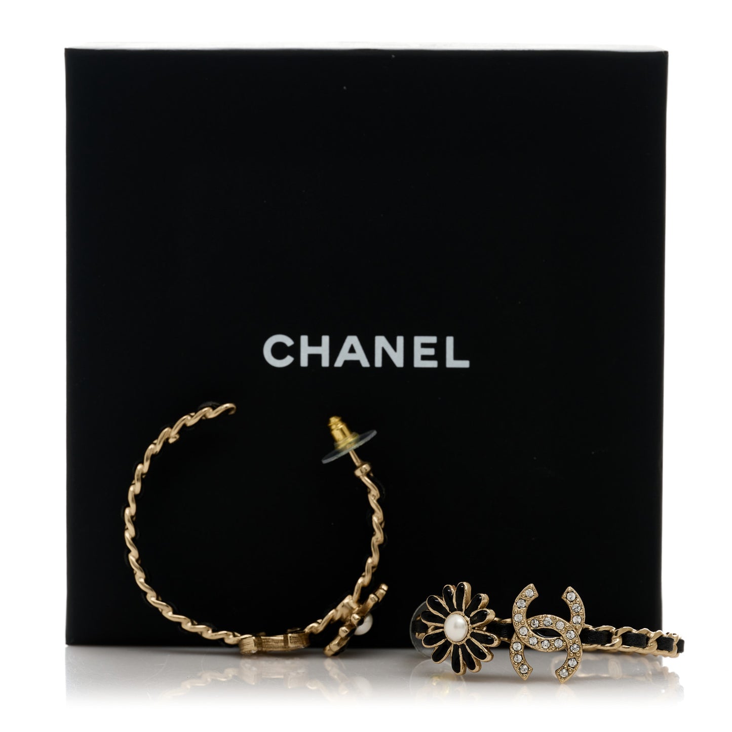 Lambskin Crystal Pearl CC Daisy CC Hoop Earrings Gold Black