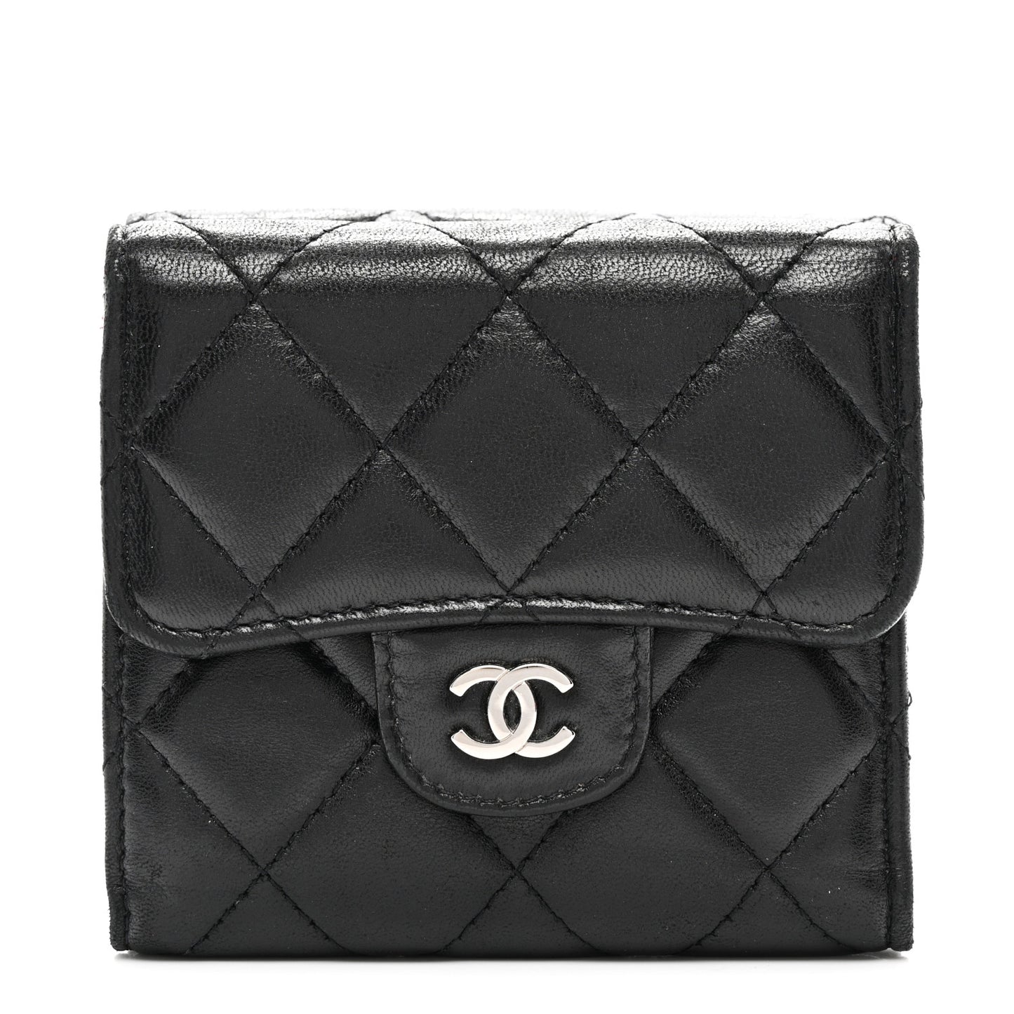 Lambskin Quilted Tri-Fold Flap Wallet Black