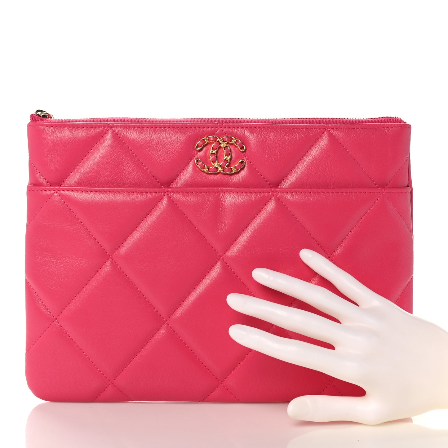 Shiny Goatskin Quilted Chanel 19 Pouch Dark Pink