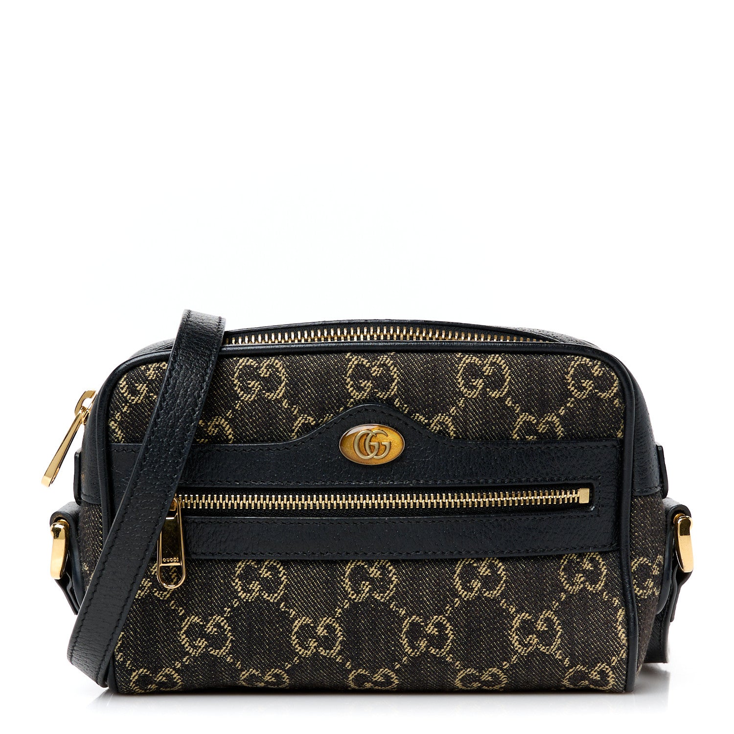 Gucci Jacquard Black Denim GG Monogram Textured Dollar Calfskin Mini Ophidia Shoulder Bag Black Ivory 1 of 10