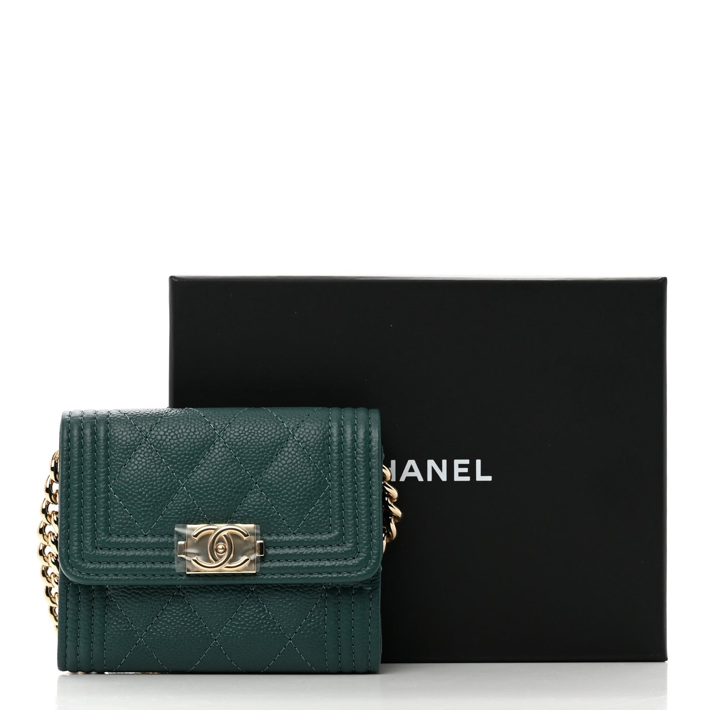 Caviar Quilted Boy Card Holder On Chain Green