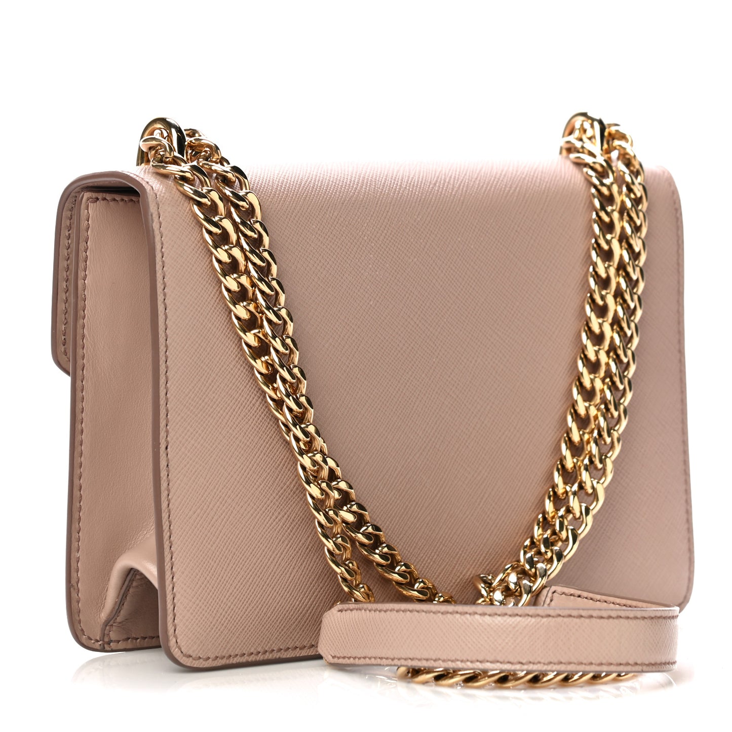 Saffiano Soft Calfskin Metal Triangle Logo Envelope Chain Shoulder Bag Cammeo