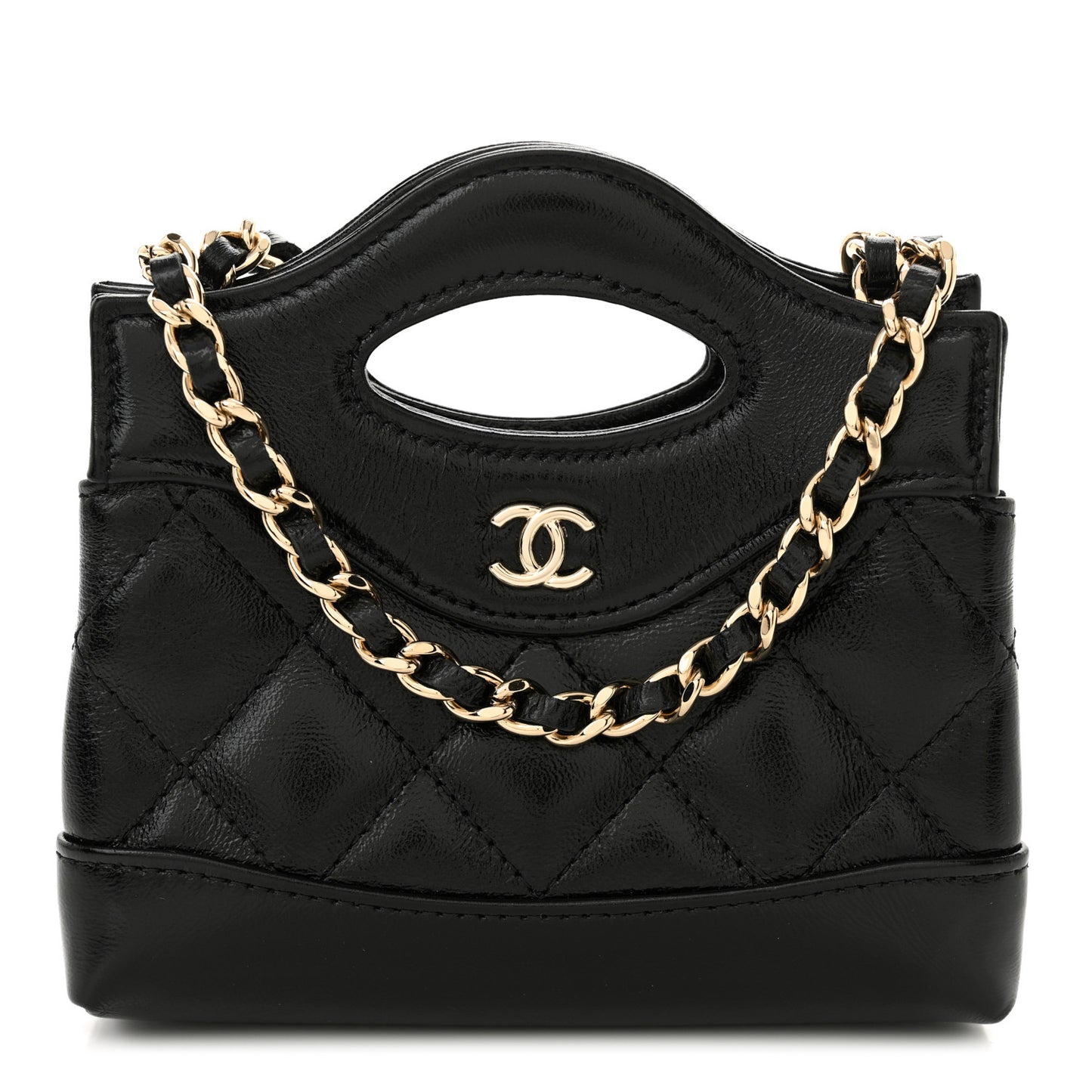 Shiny Lambskin Quilted Micro 31 Clutch With Chain Black