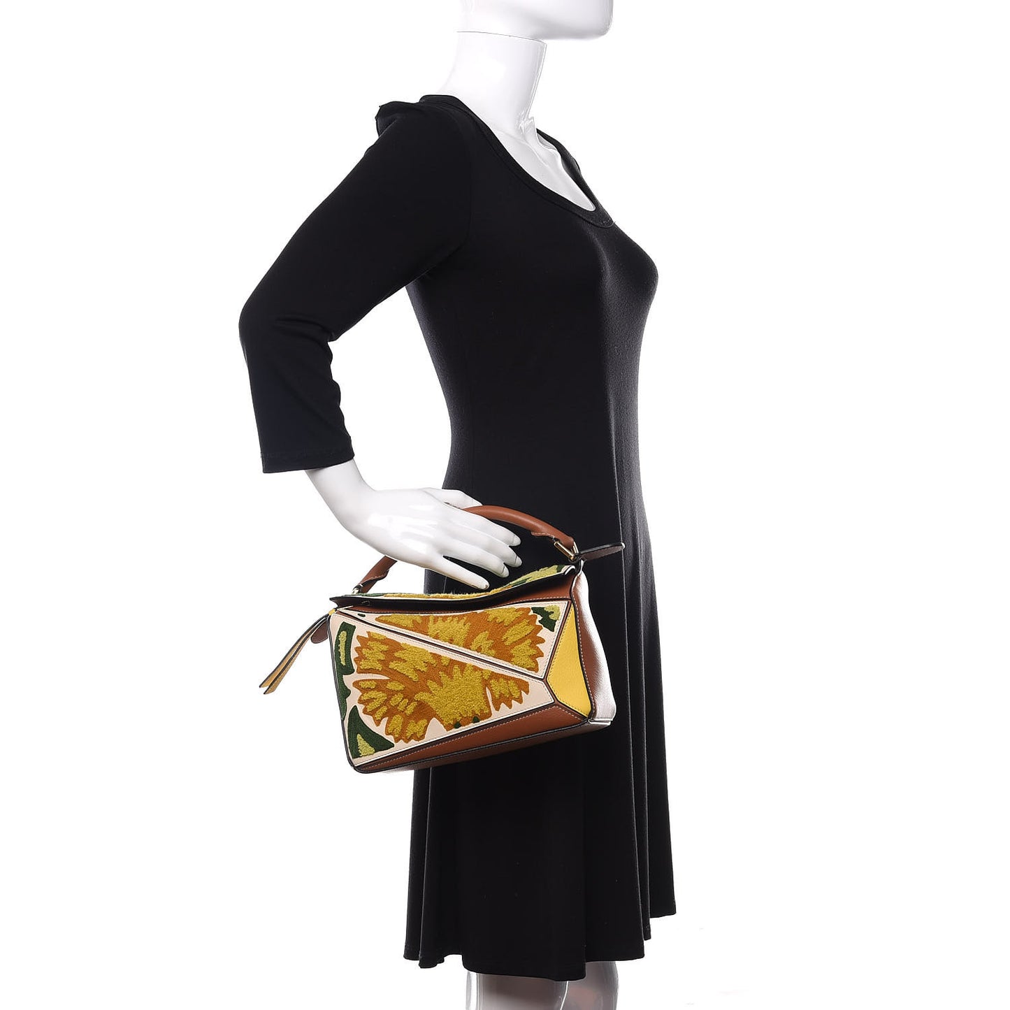 Calfskin Embroidered Floral Small Puzzle Bag Tan Yellow