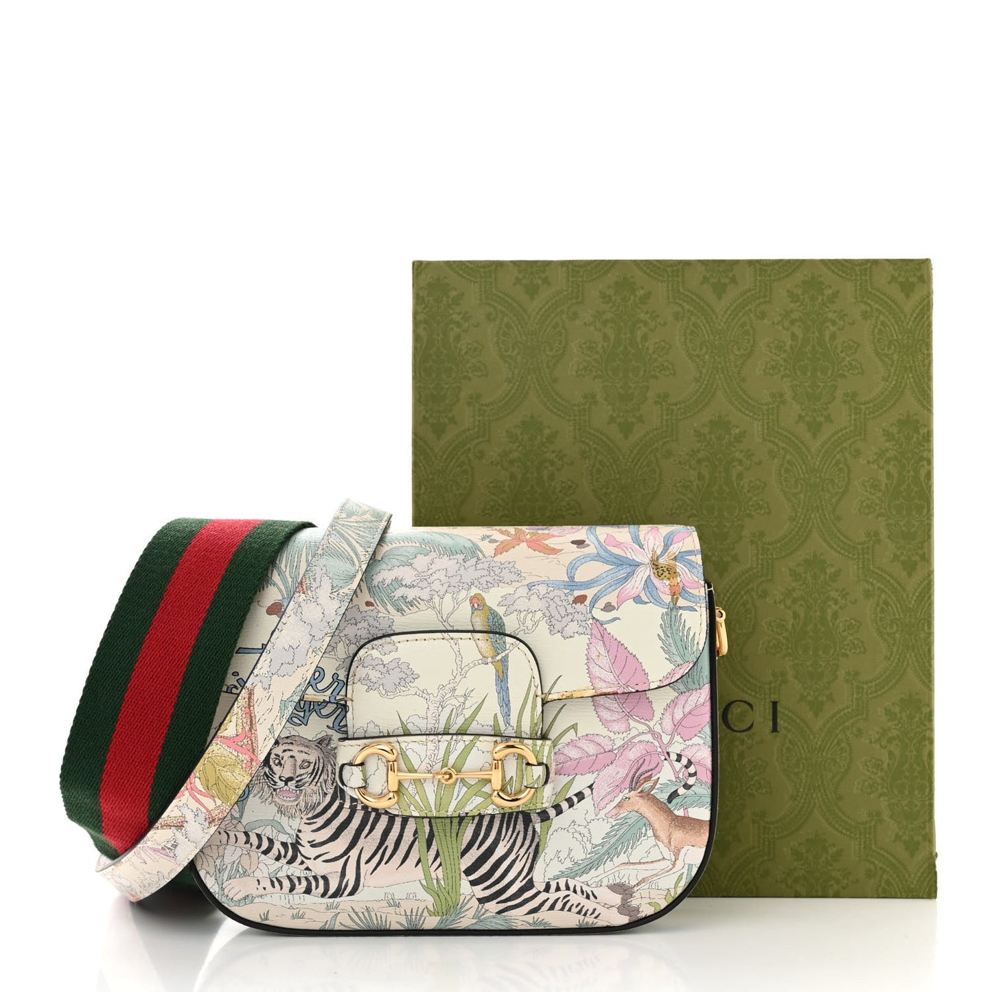 New Shangai Calfskin Tiger Savanah Web Mini Horsebit 1955 Shoulder Bag Chalky White Multicolor