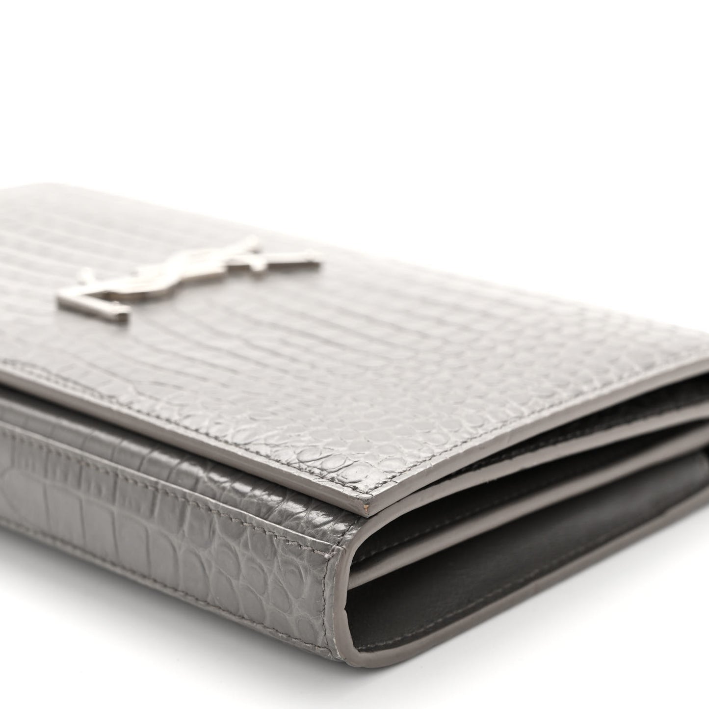 Calfskin Crocodile Embossed Monogram Chain Wallet Fog