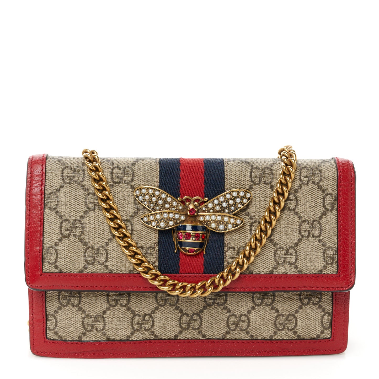 GG Supreme Monogram Web Queen Margaret Chain Wallet Red