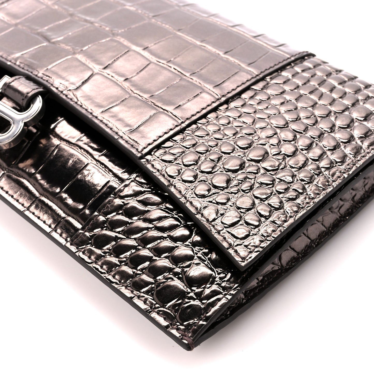 Shiny Metallic Calfskin Crocodile Embossed Hourglass Flap Flat Pouch Dark Bronze