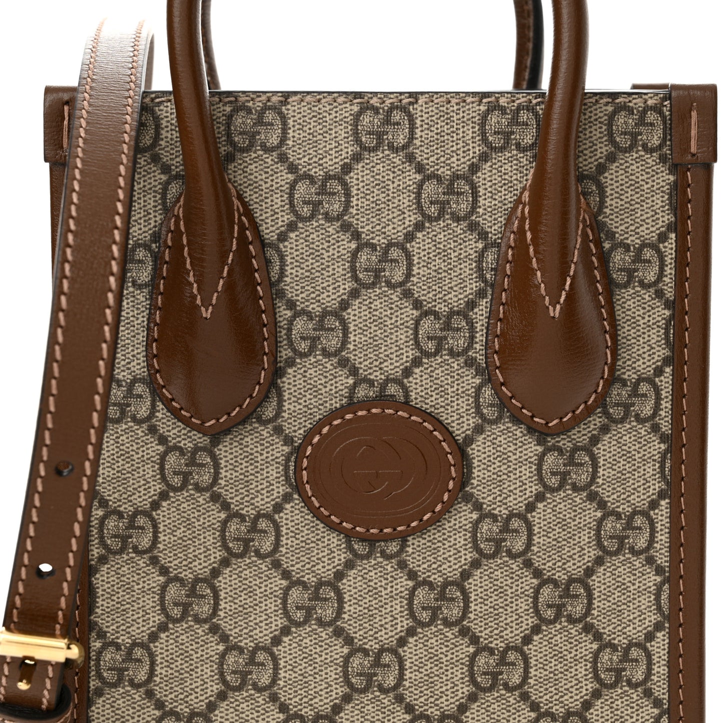 GG Supreme Monogram Azalea Calfskin Mini Retro Interlocking G Tote Bag Beige Ebony Brown Sugar