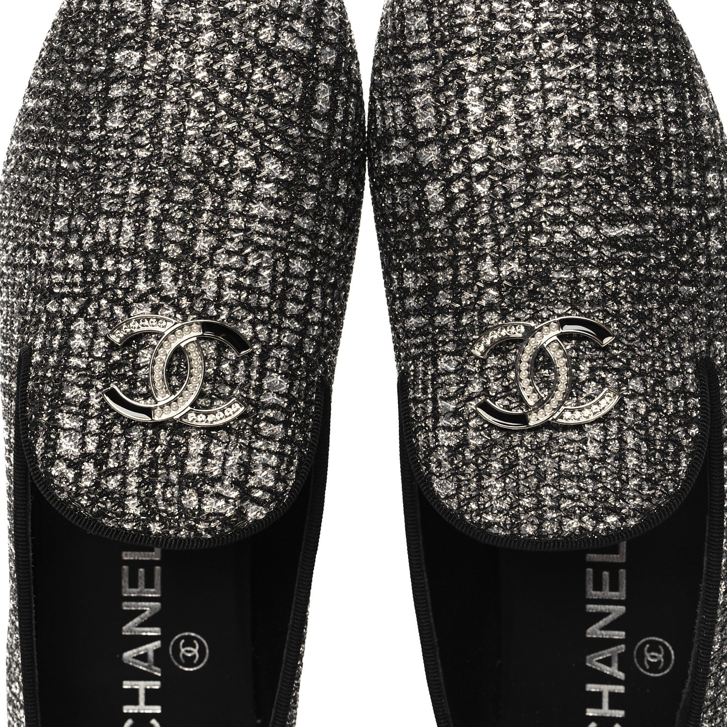 Fantasy Fabric Grosgrain CC Mocassin Loafers 36.5 Silver Black