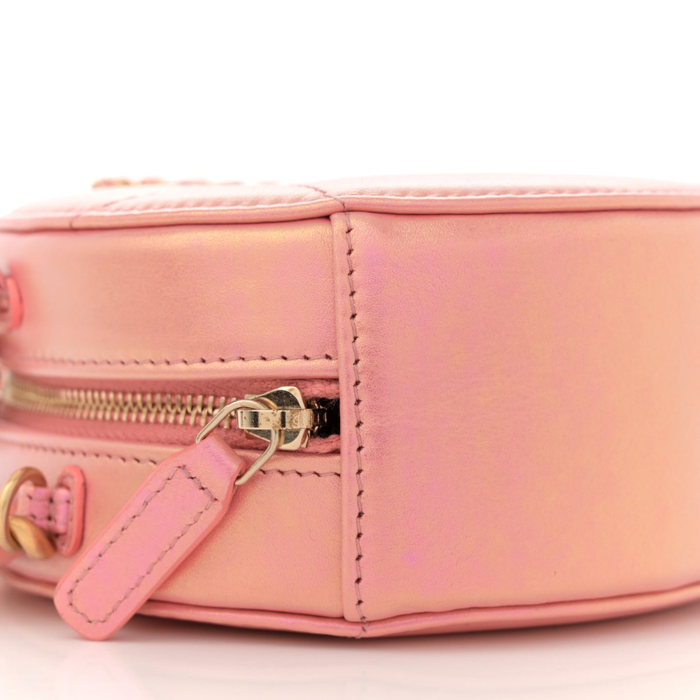 Iridescent Calfskin Quilted Chanel 19 Round Clutch With Chain Pink