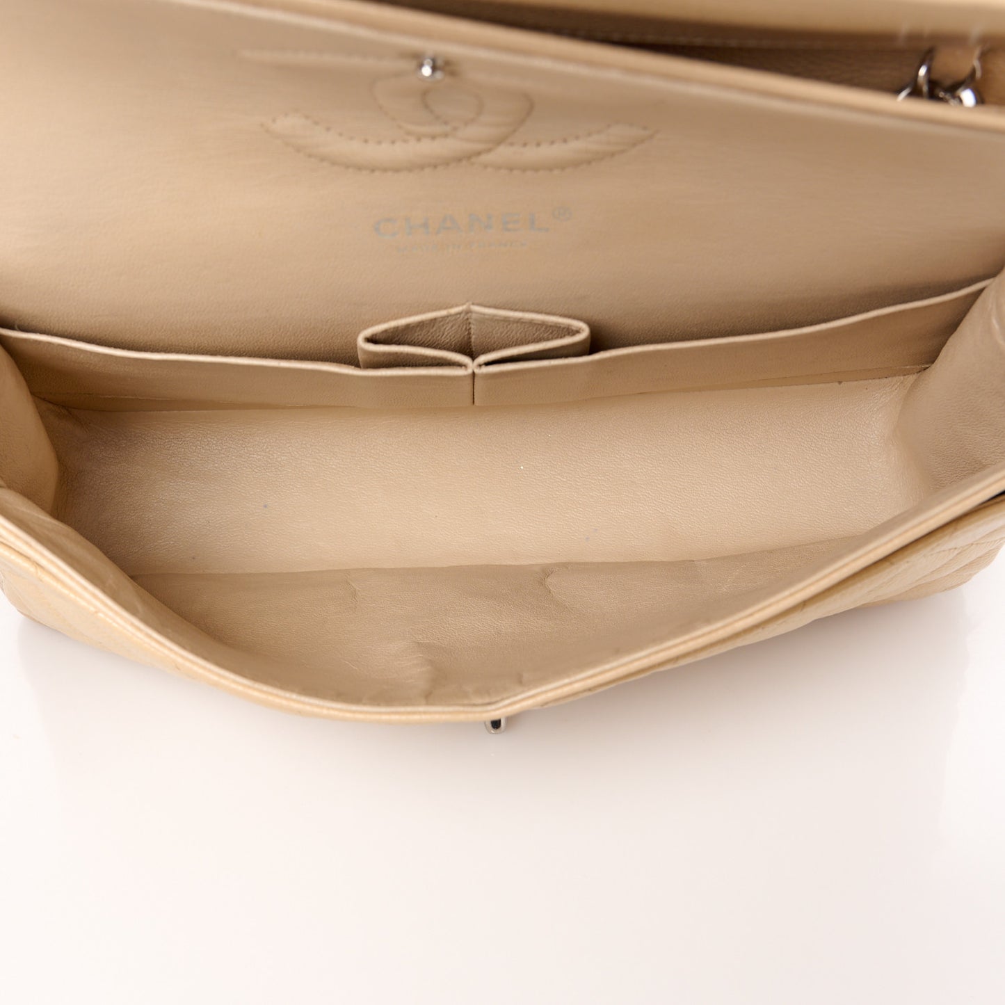 Caviar Quilted Medium Double Flap Beige