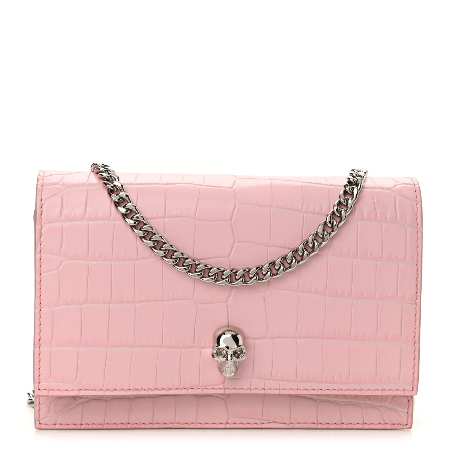 Calfskin Crocodile Embossed Skull Mini Crossbody Bag Pink
