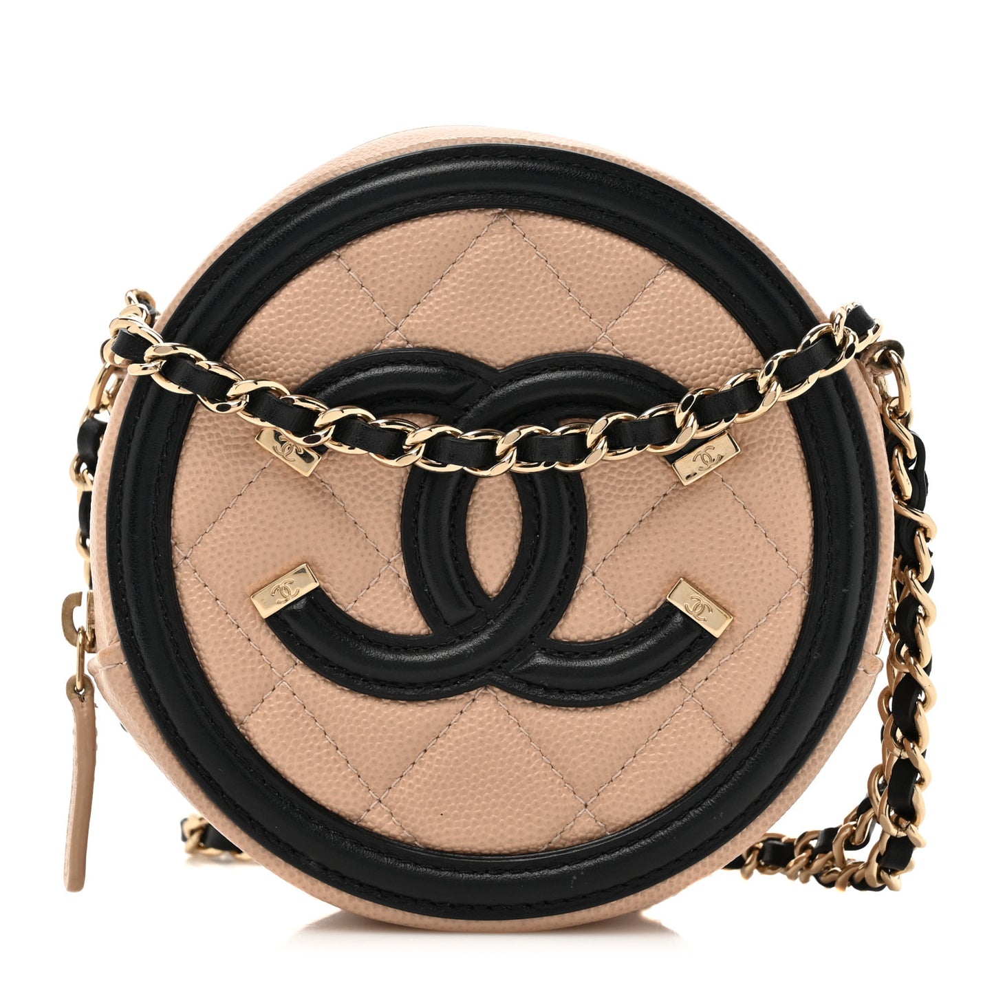 Caviar Quilted Round Filigree Crossbody Beige Black