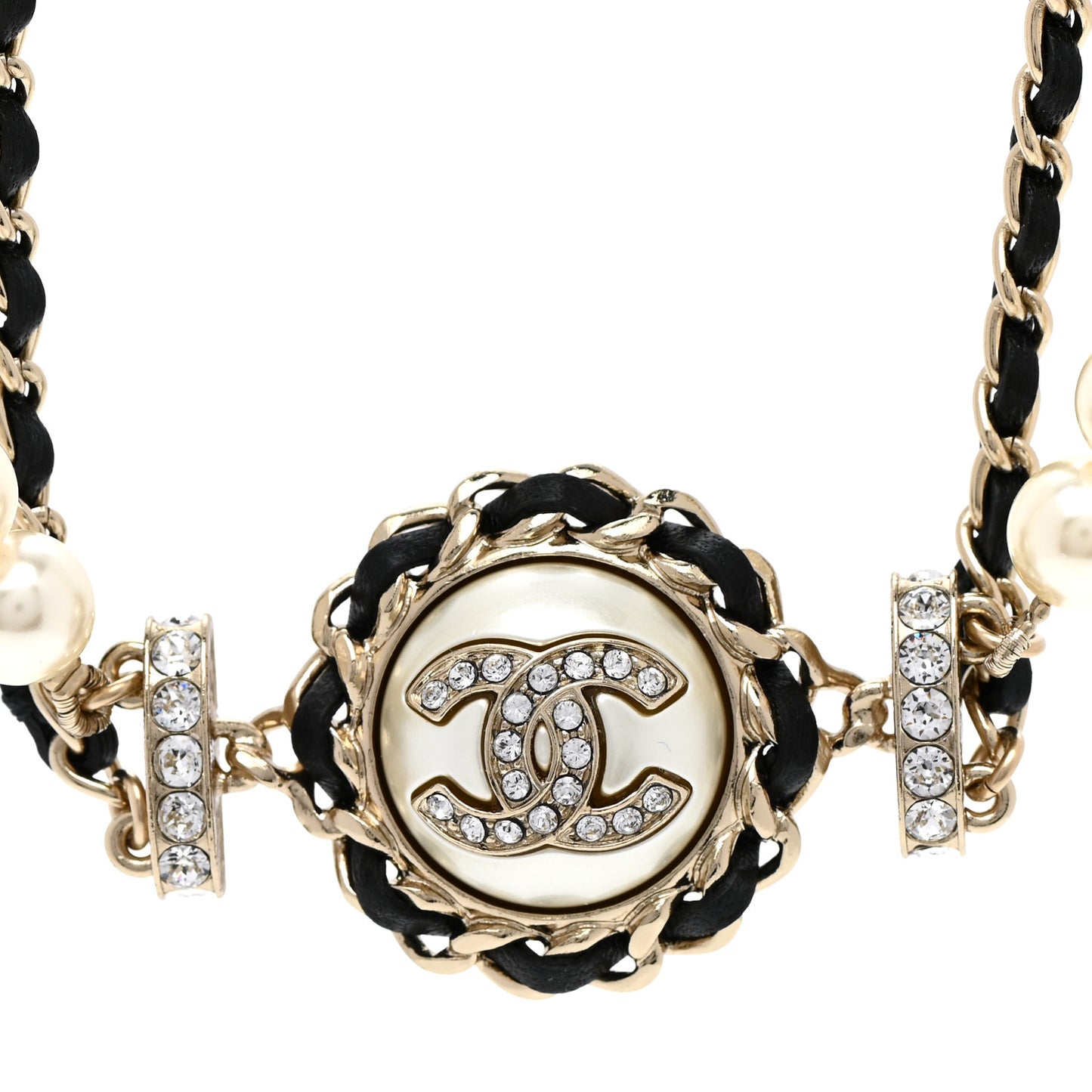 Pearl Crystal Lambskin CC Long Necklace Gold Black
