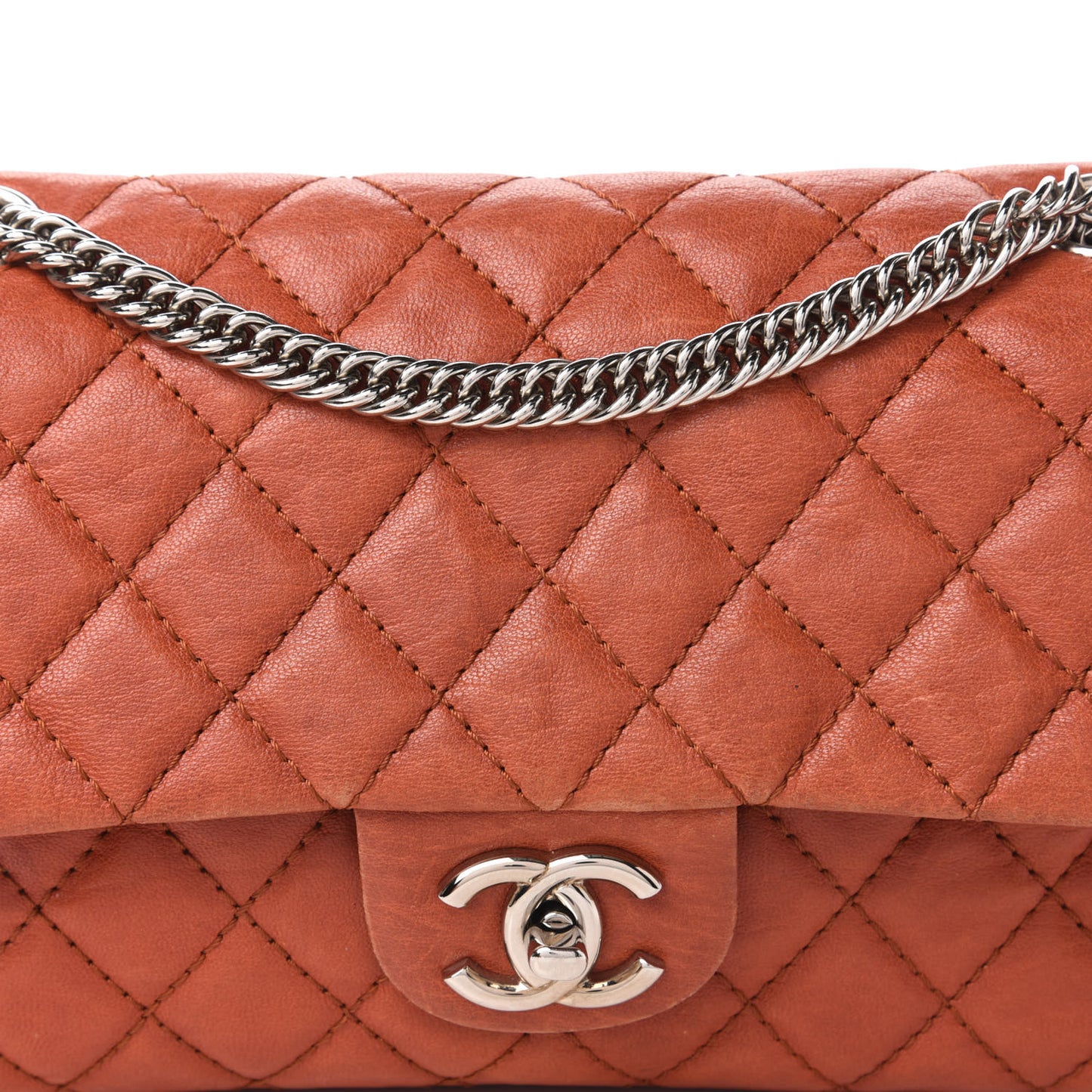Glazed Lambskin Quilted Medium Double Flap Bijoux Chain Dark Orange