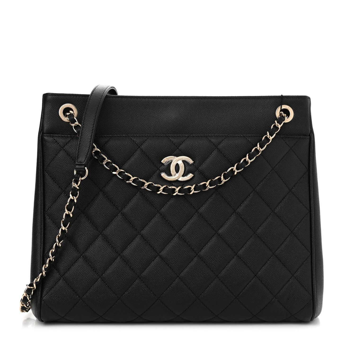 Caviar Quilted In Out Flap Shopping Tote Black