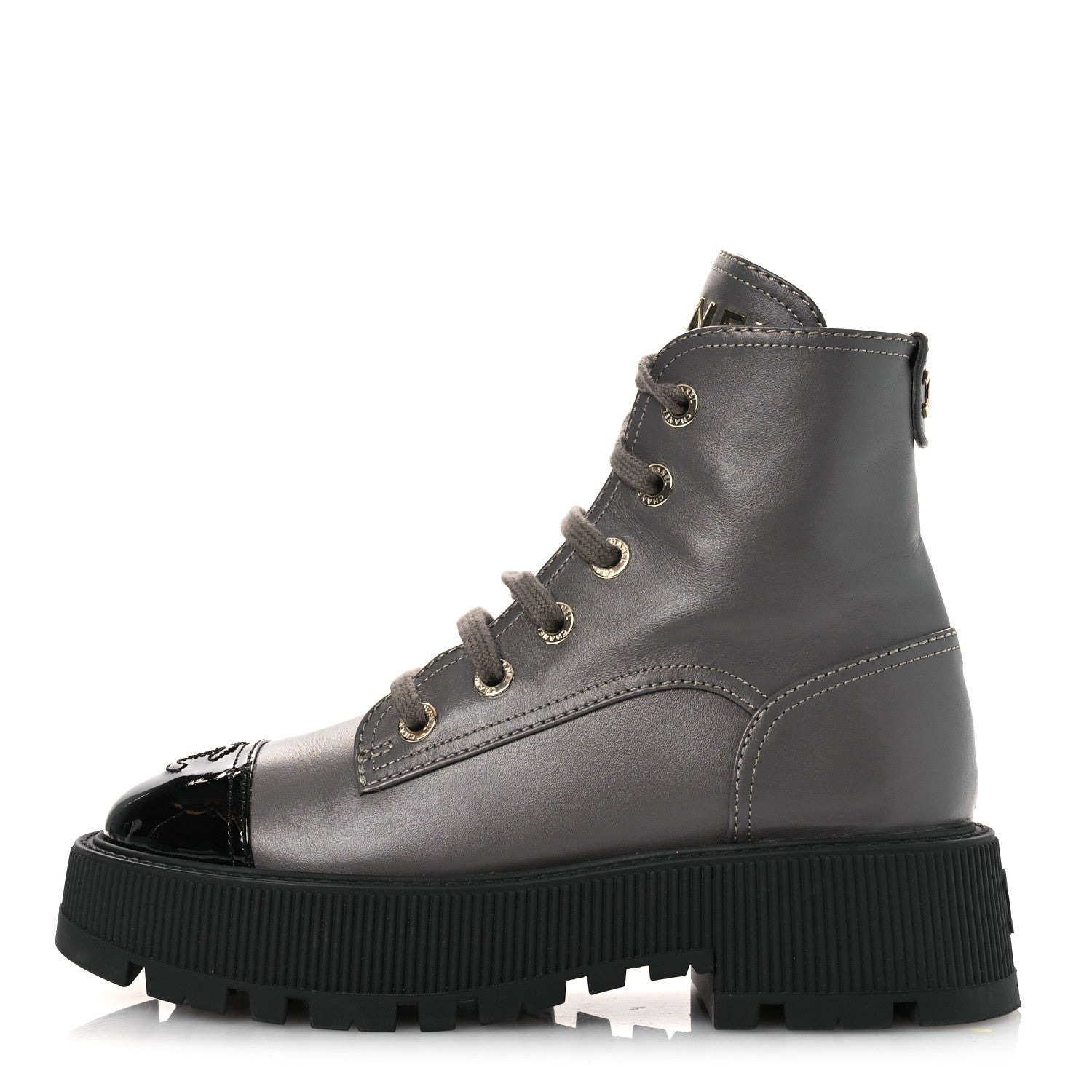 Chanel Calfskin Patent Calfskin CC Lace Up Combat Boots 36.5 Gray