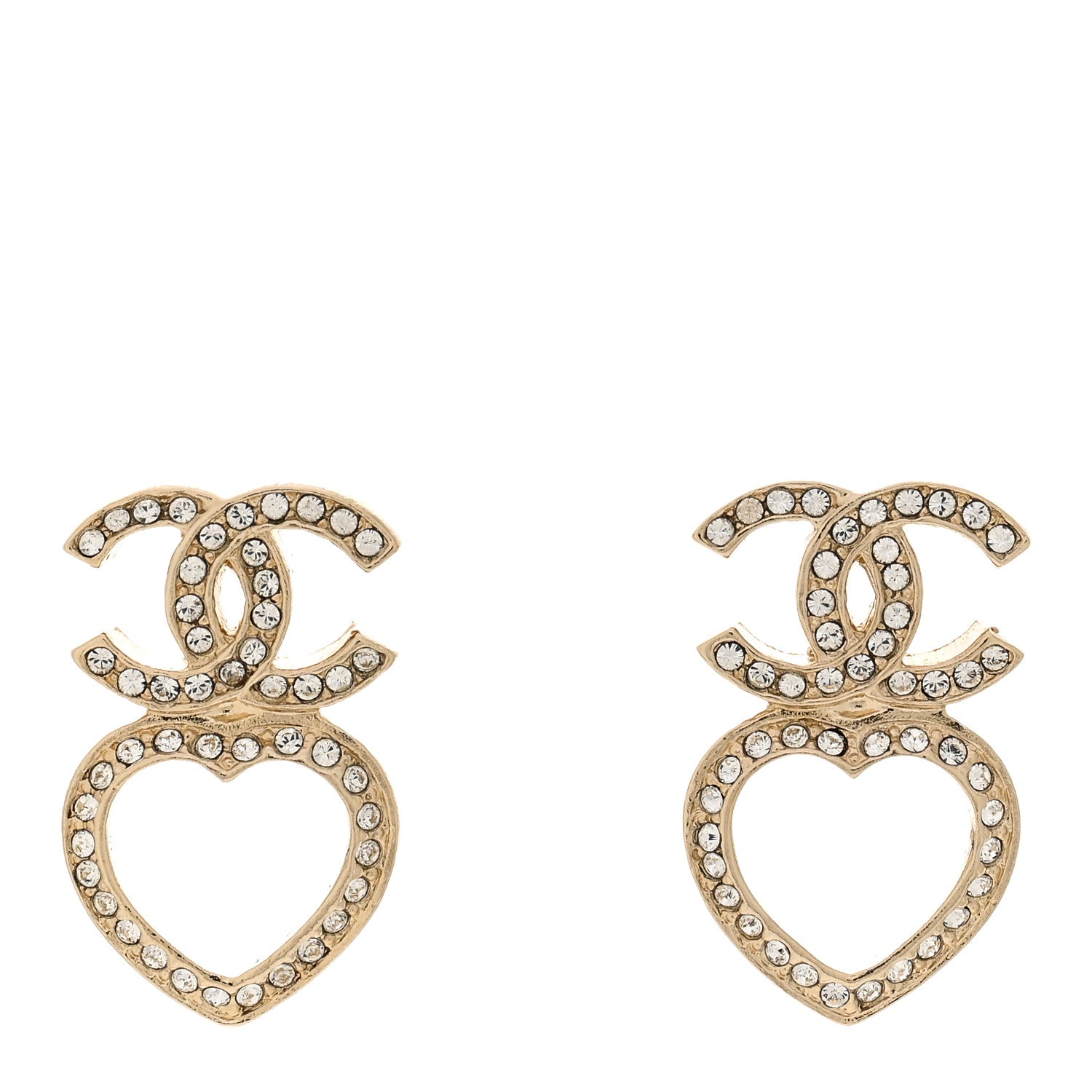 Chanel Metal Crystal CC Heart Drop Earrings Gold 1 of 5