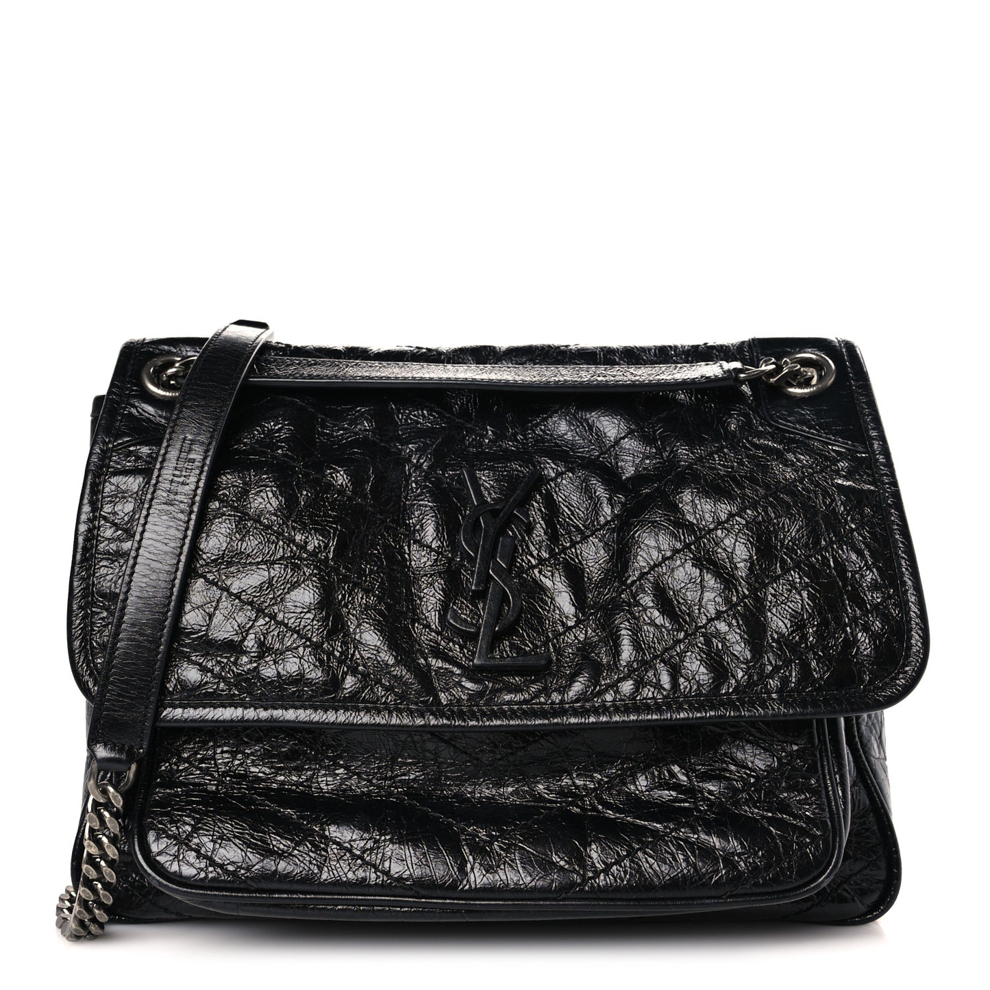 Crinkled Calfskin Matelasse Monogram Medium Niki Chain Satchel Black