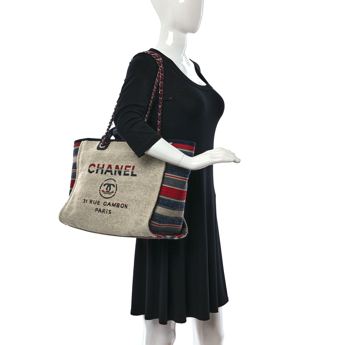Striped Canvas Medium Deauville Tote Beige
