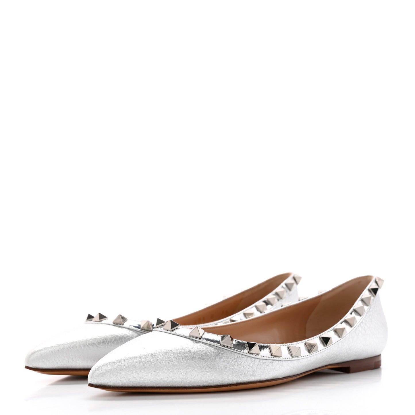 Metallic Pebbled Calfskin Rockstud Ballerina Flats 35 Silver