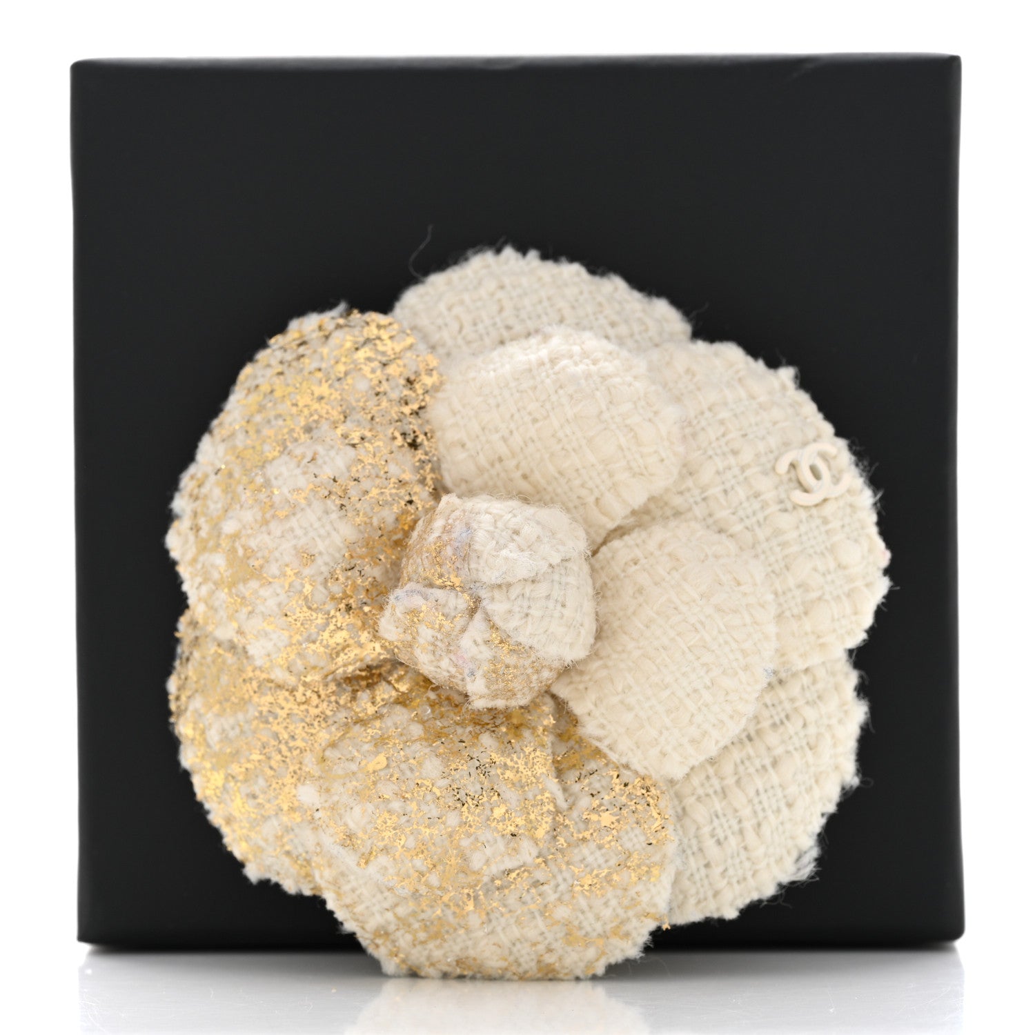 Chanel Metallic Tweed CC Camellia Brooch Gold Ivory 6 of 6