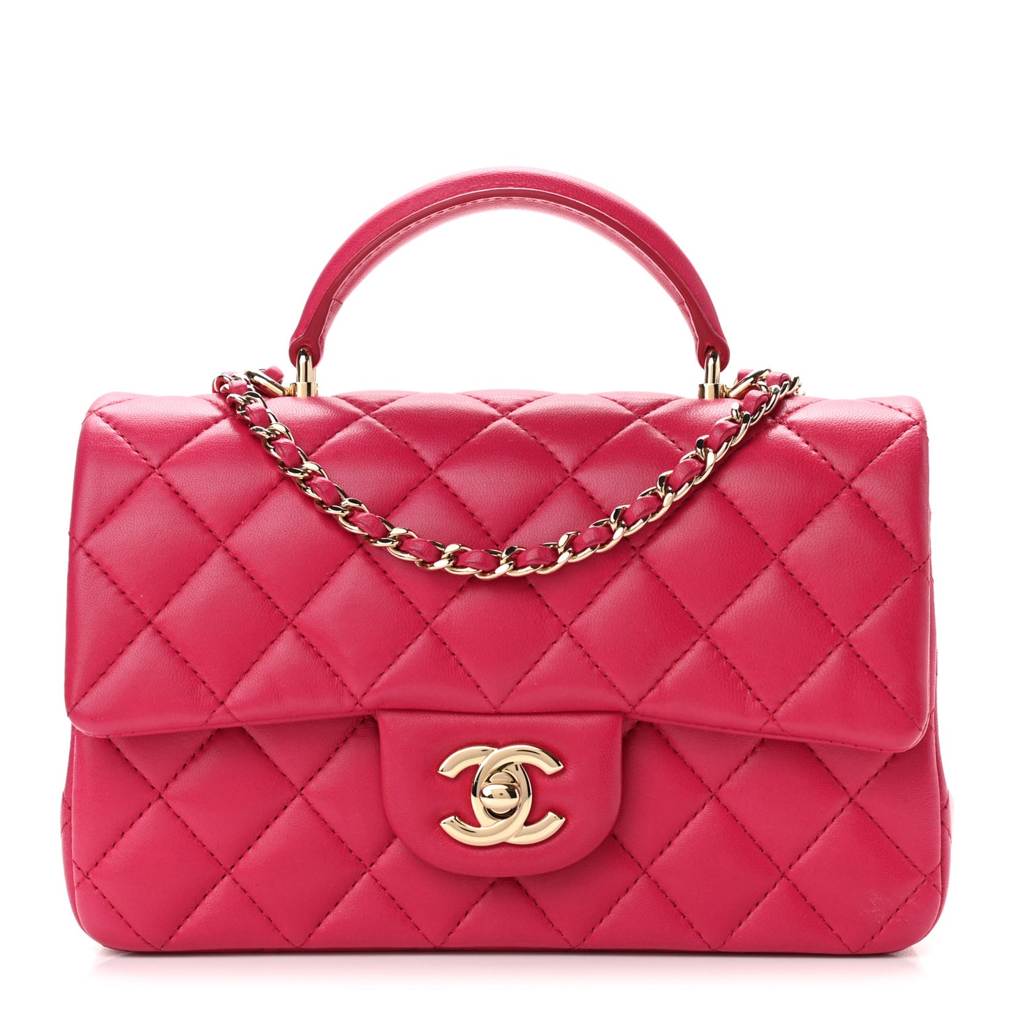 Lambskin Quilted Mini Top Handle Rectangular Flap Dark Pink