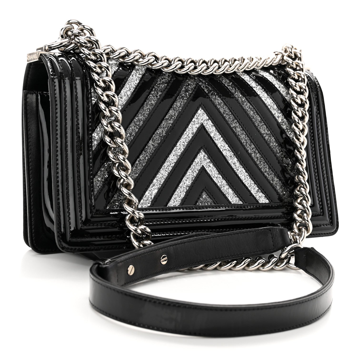 Chanel Patent Glitter PVC Chevron Quilted Medium Boy Flap Black Silver 3 of 11