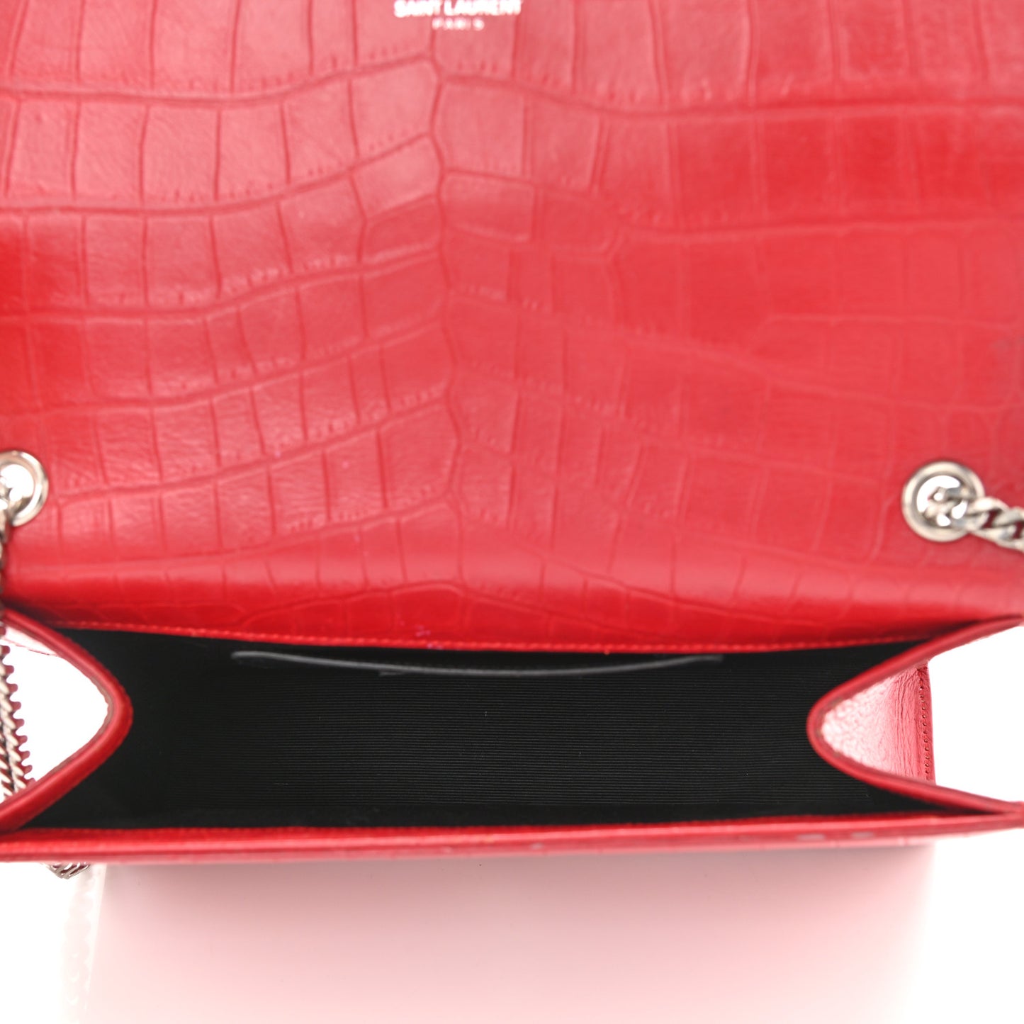 Calfskin Crocodile Embossed Medium Classic Monogram Kate Tassel Satchel Red