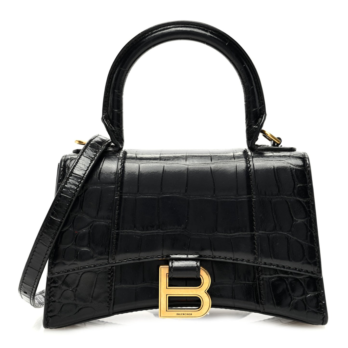 Shiny Calfskin Crocodile Embossed Hourglass Top Handle Bag XS Black