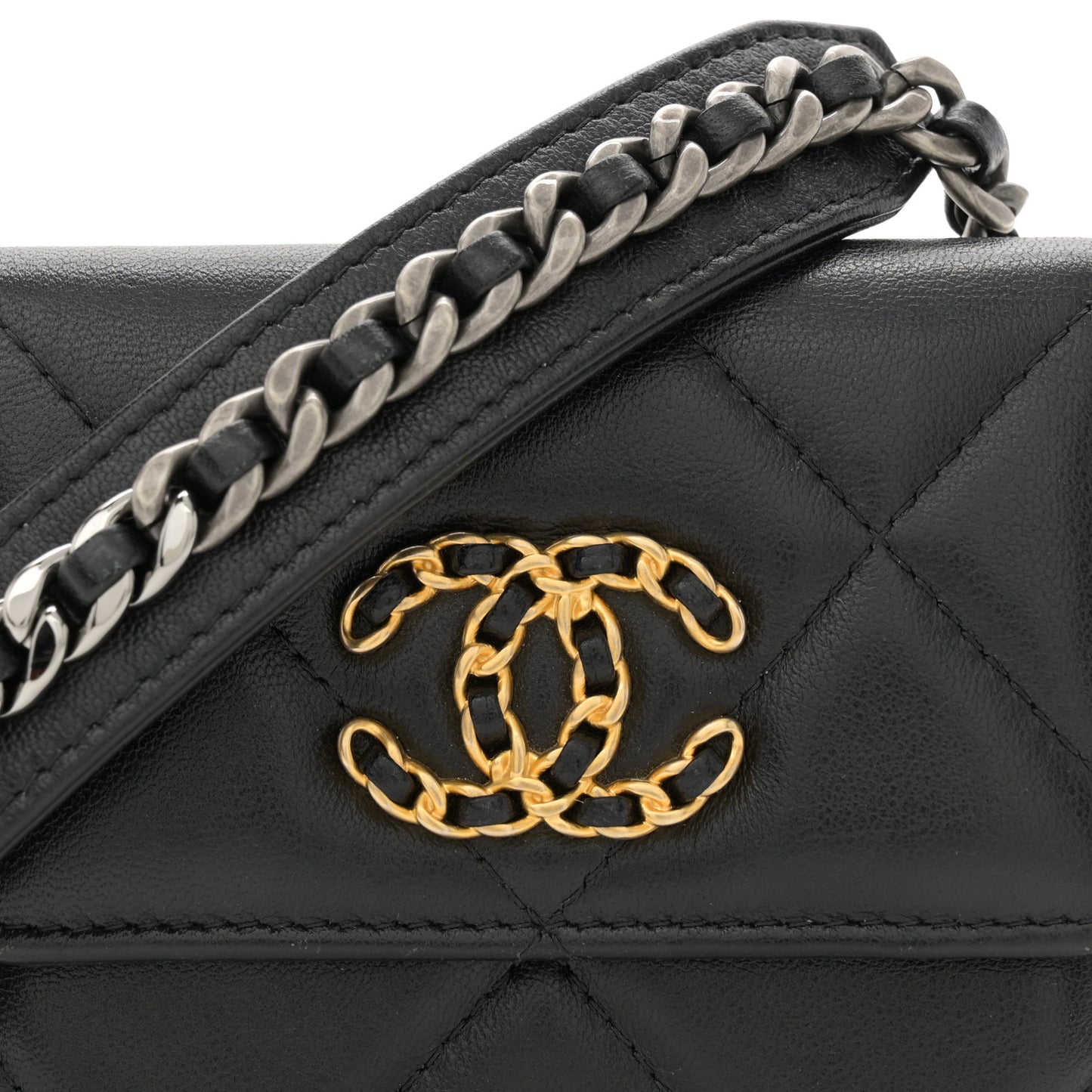 Lambskin Quilted Chanel 19 Flap Coin Purse With Chain Black