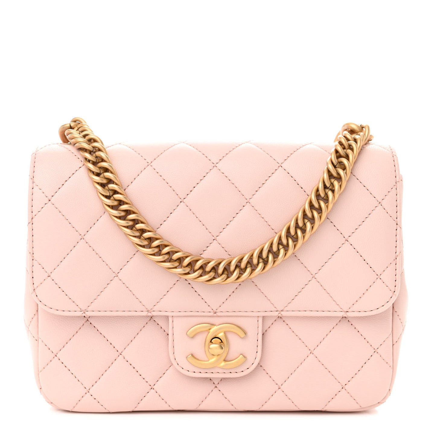 Calfskin Quilted Chain On Chain Flap Light Pink