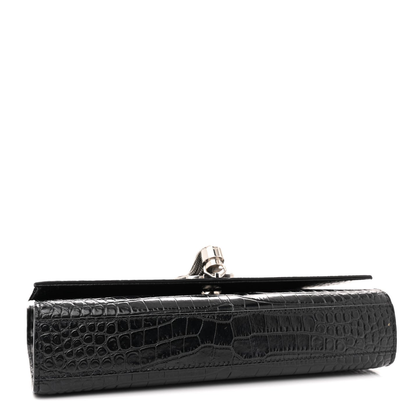 Calfskin Crocodile Embossed Medium Classic Monogram Kate Tassel Satchel Black
