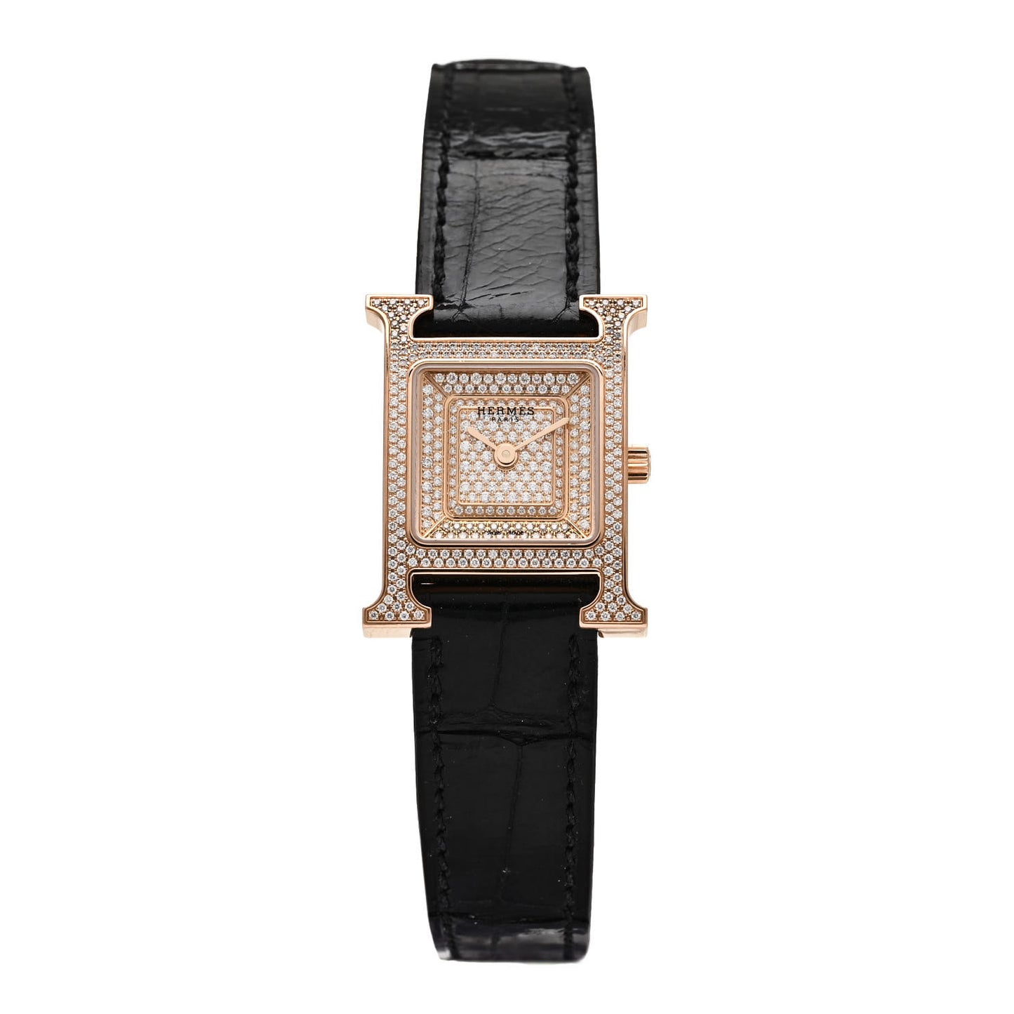18K Rose Gold Alligator Diamond Pave 21mm Heure H Hour Quartz Watch Noir