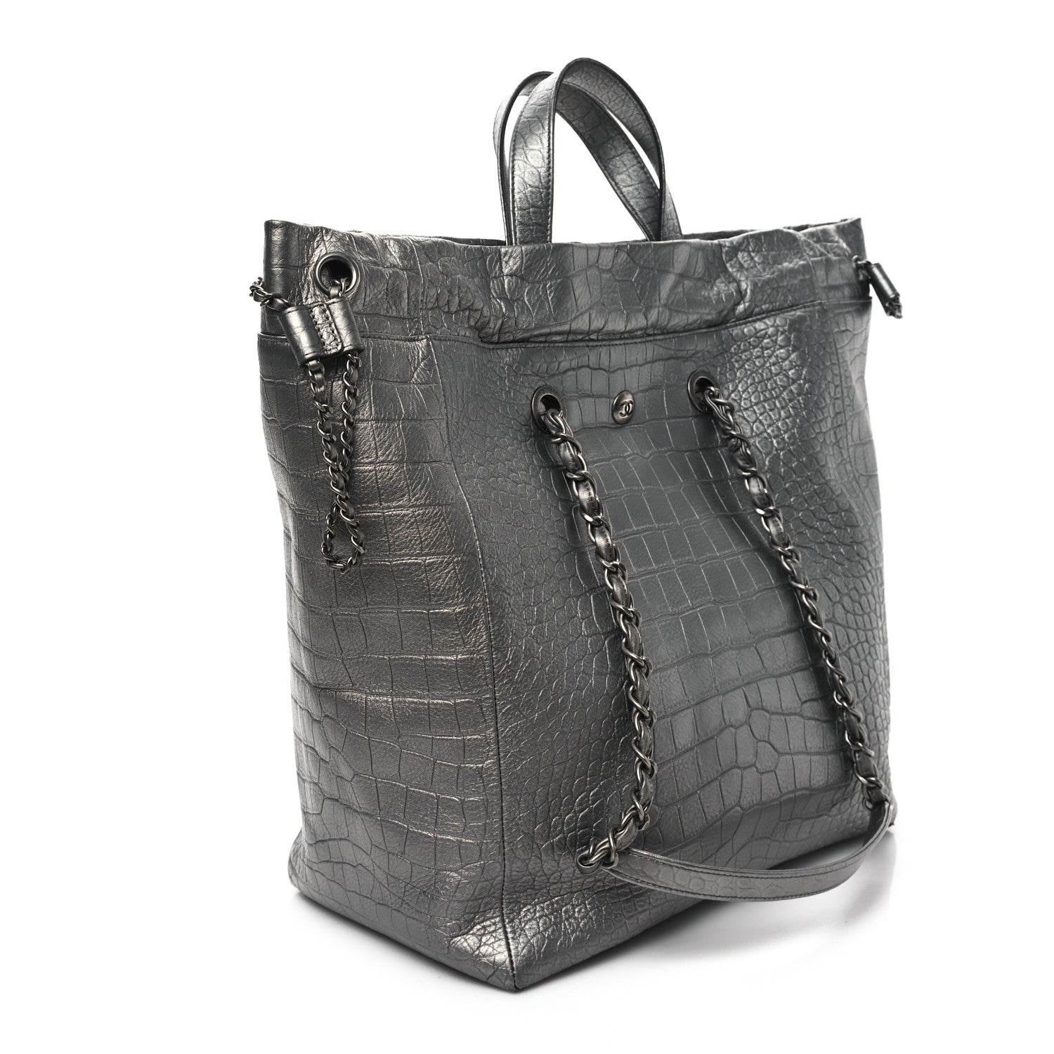 Chanel Calfskin Crocodile Embossed Large Cocodile Shopping Tote Silver 3 of 10