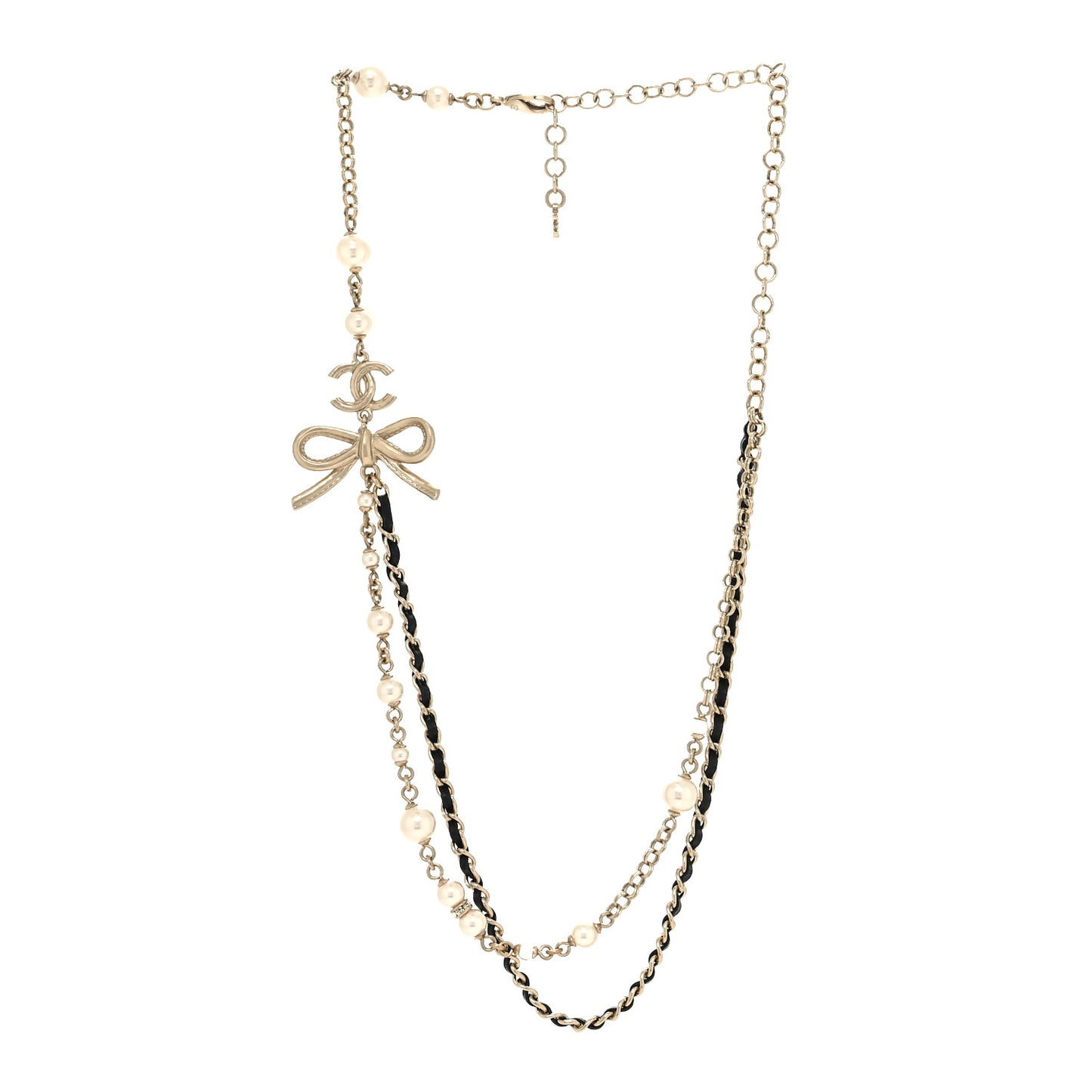 Calfskin Pearl Metal CC Bow Necklace Gold White Black
