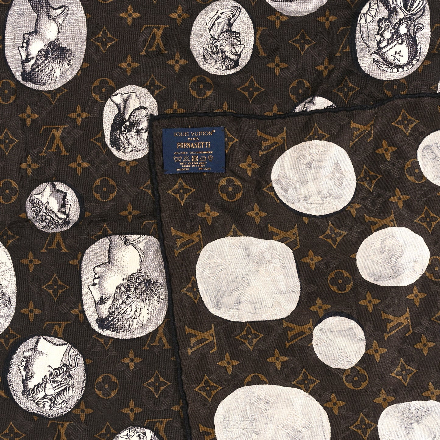 X FORNASETTI Silk Monogram Cameo Shawl Brown