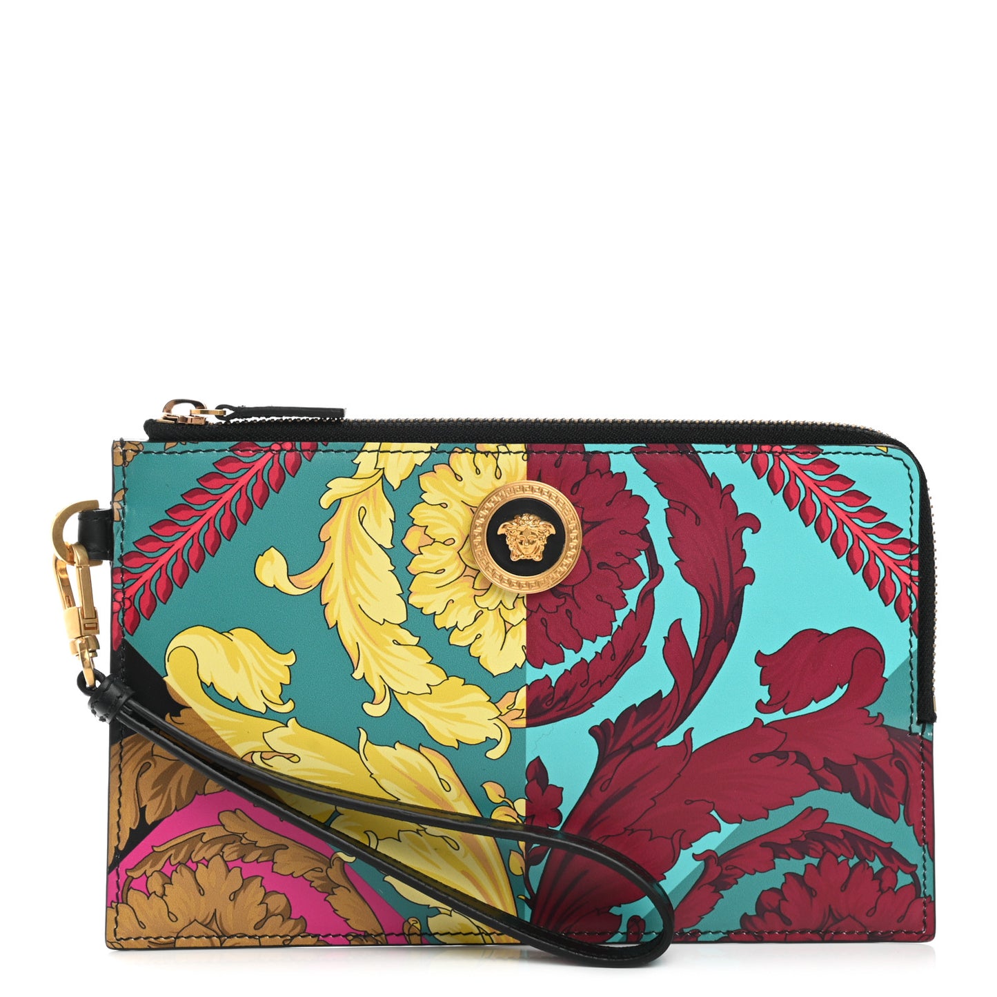Vitello Baroque Print Wristlet Pouch Black Multicolor