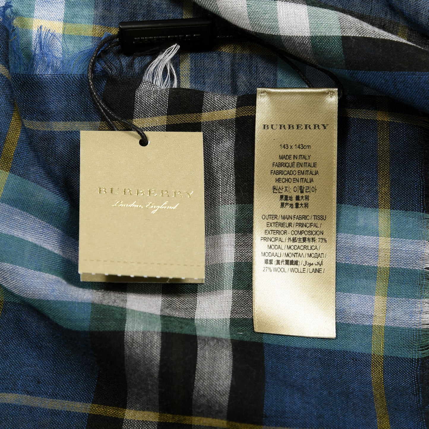 Modal Wool Castleford Check Lightweight Scarf Cyan Blue