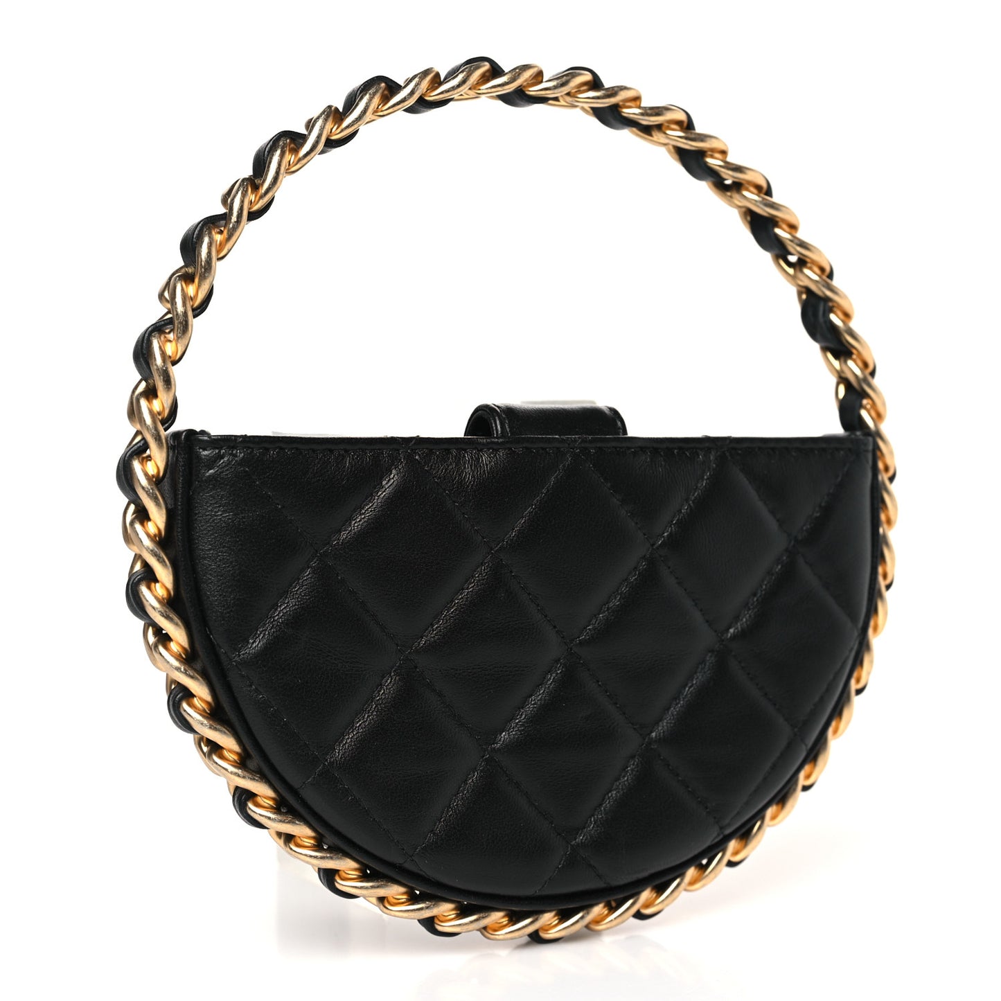 Lambskin Quilted Round Camellia Mini Clutch Black