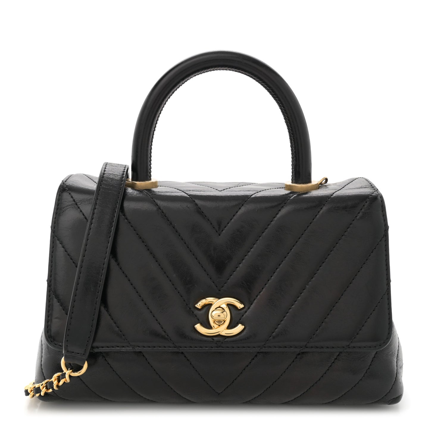 Aged Calfskin Chevron Quilted Mini Coco Handle Flap Black