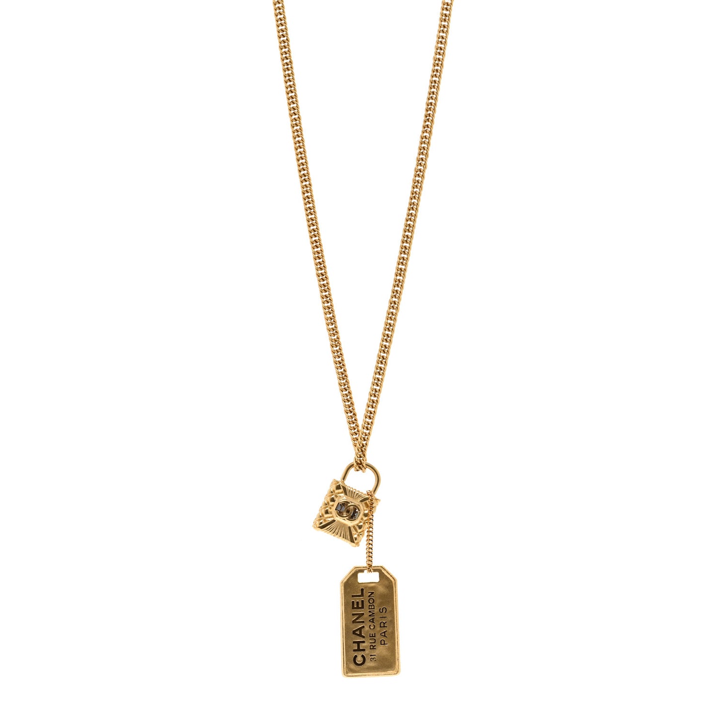 CC Padlock ID Dog Tag Charm Necklace Gold