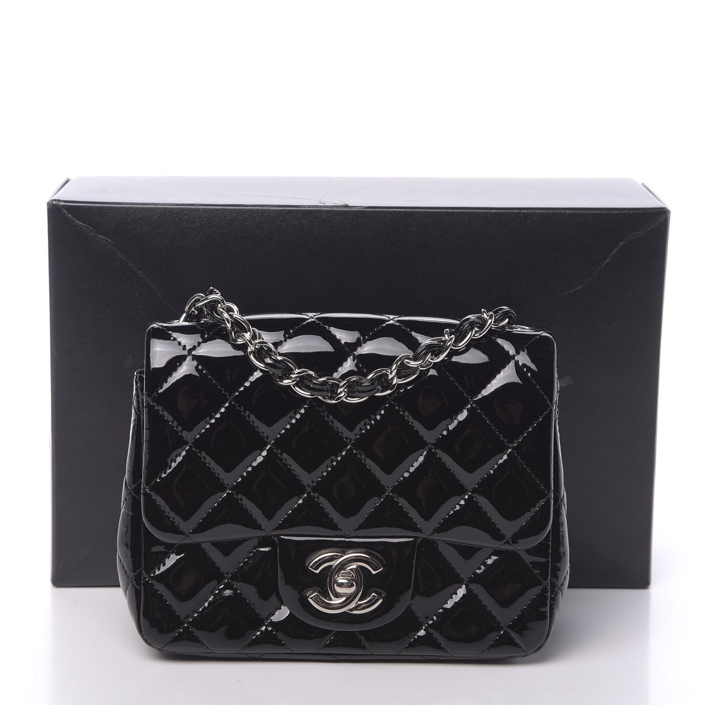 Patent Calfskin Quilted Mini Square Flap Black
