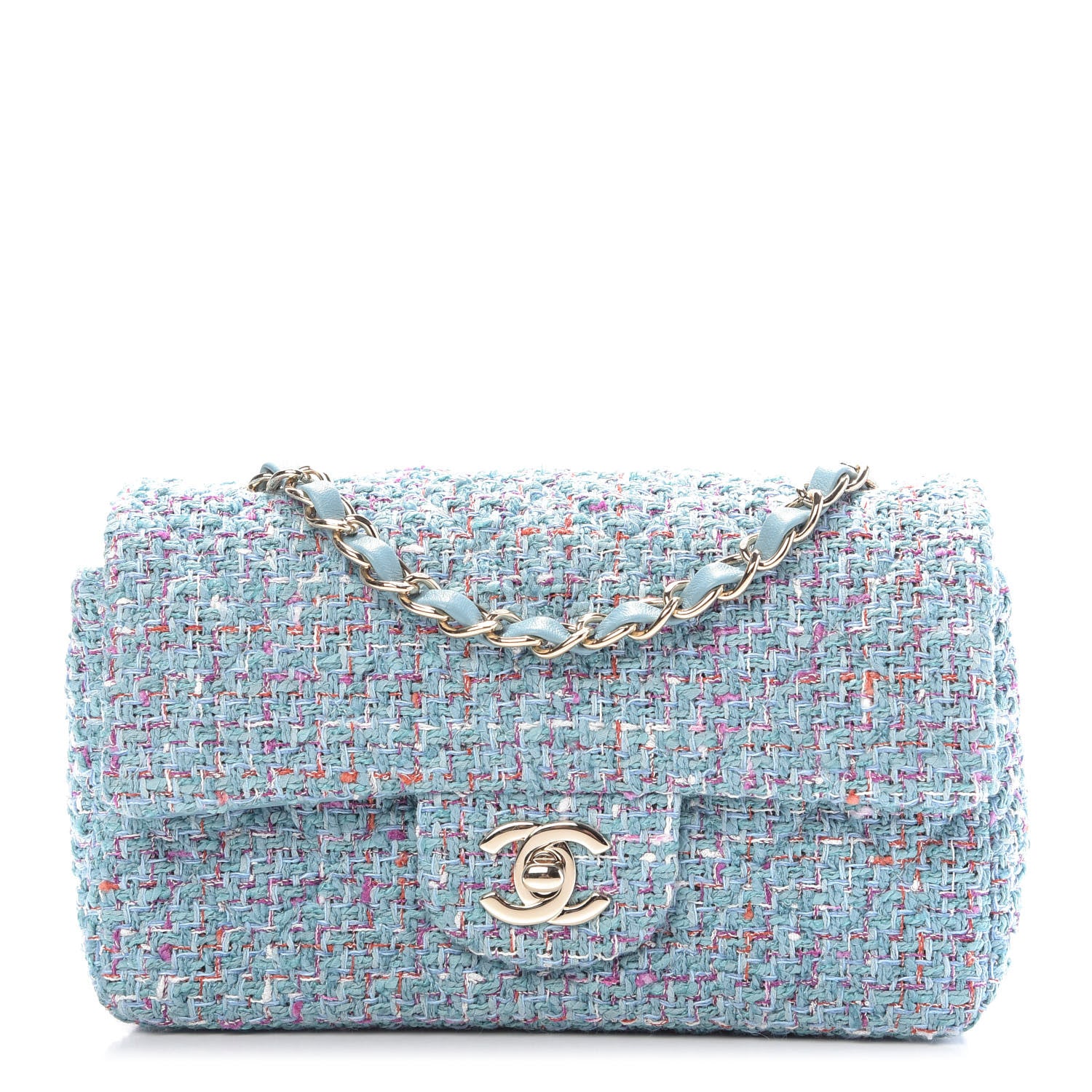 Chanel Tweed Quilted Mini Rectangular Flap Turquoise Purple White Red 1 of 9
