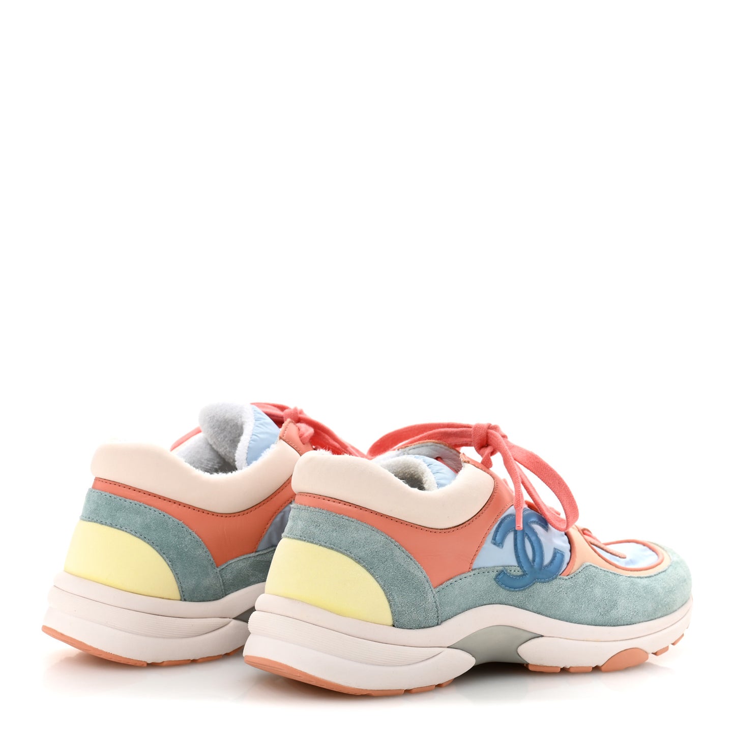 Nylon Lambskin Suede Calfskin CC Sneakers 38.5 Coral Light Blue White
