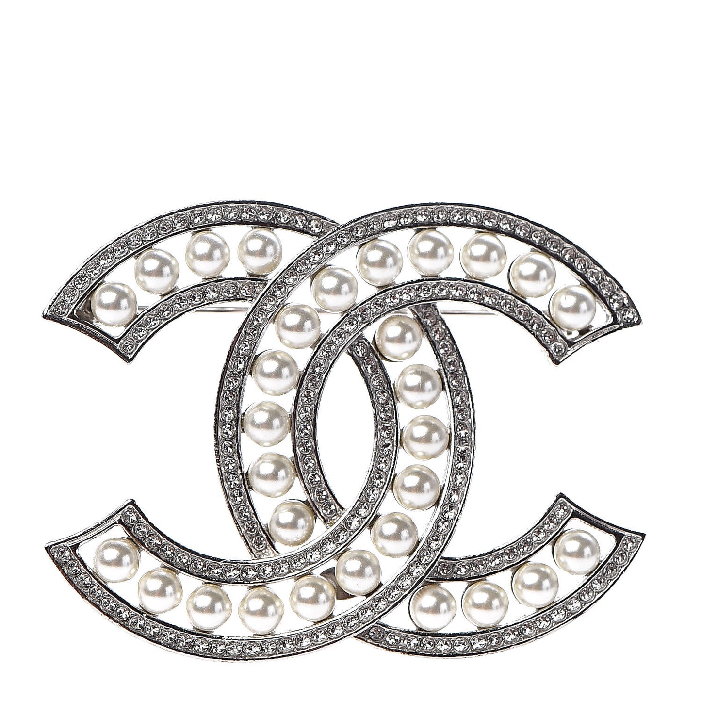 Pearl Crystal CC Brooch Silver