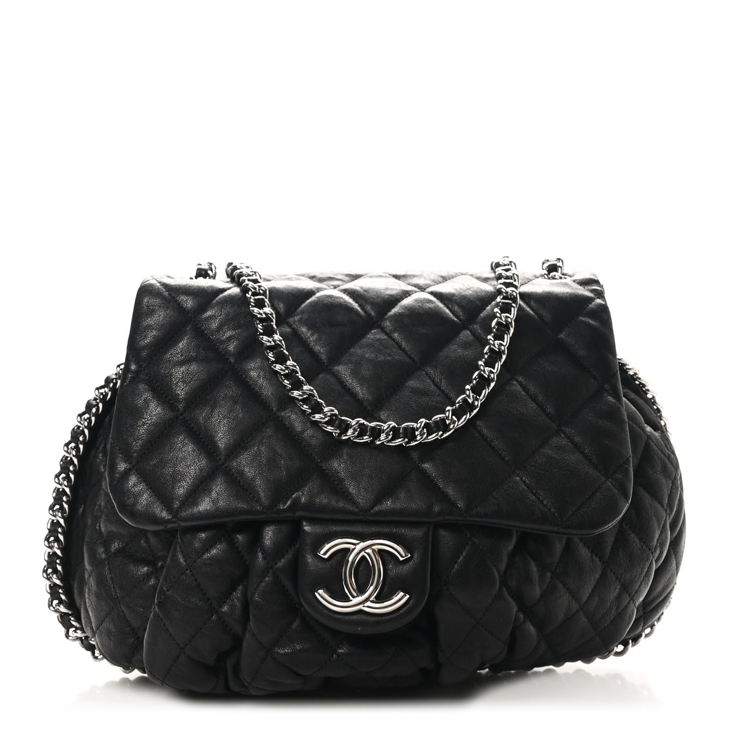Washed Lambskin Quilted Large Chain Around Messenger Black