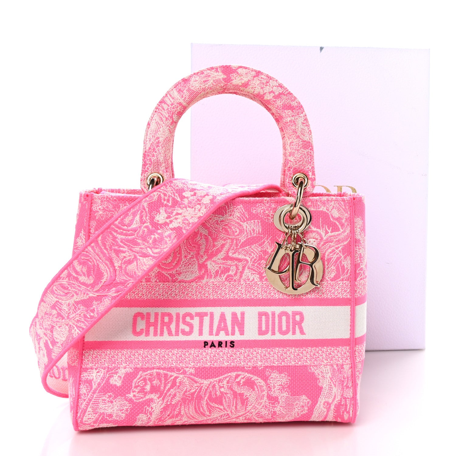 Christian Dior Canvas Toile De Jouy Reverse Embroidered Medium Lady D-Lite Fluorescent Pink 9 of 9