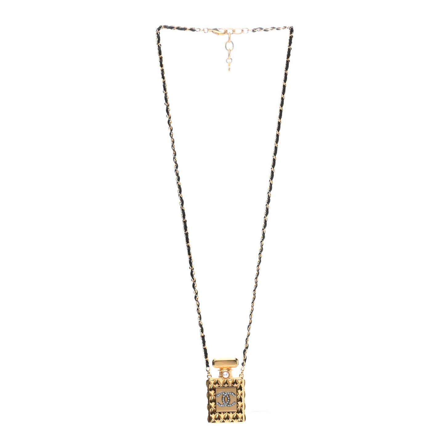 Crystal Pearl Perfume Bottle CC Necklace Black Gold